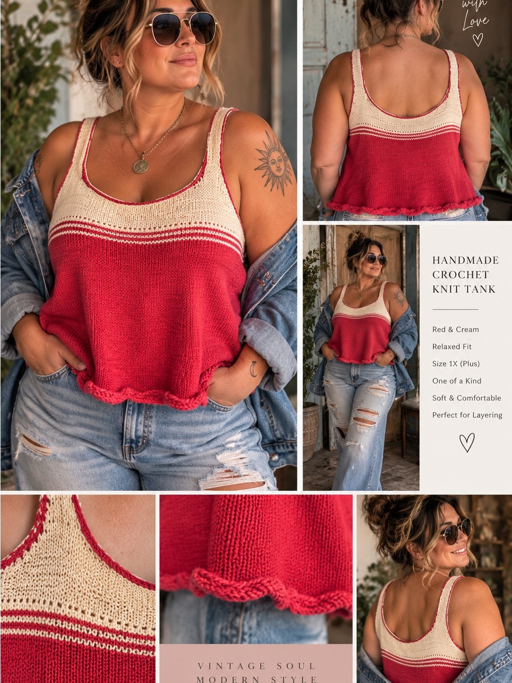 Handmade Crochet Knit Tank Top – Red & Cream – Oversized Plus Size / Approx. 1X